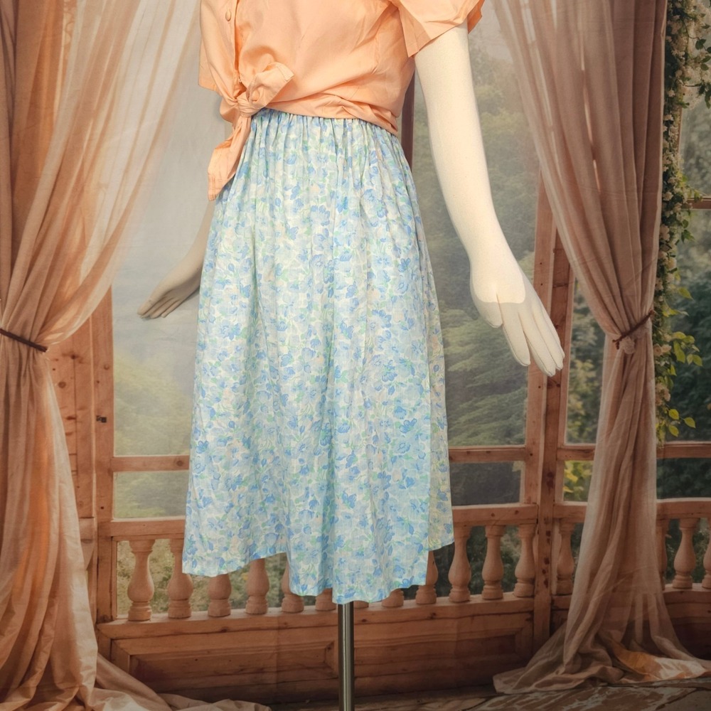 Vintage 1970s Skirt Pastel Floral Blue Green‎ Pockets Lucky Winner Retro Pinup
